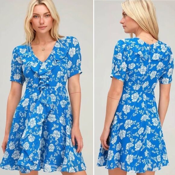 Lulu’s Blu White Ximena Floral Ruffle Mini Dress Sz M NWT - Picture 1 of 11